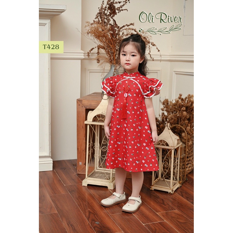 Đầm sườn xám đẹp cho bé gái mặc tết tone đỏ size 12-32kg hàng thiết kế cao cấp