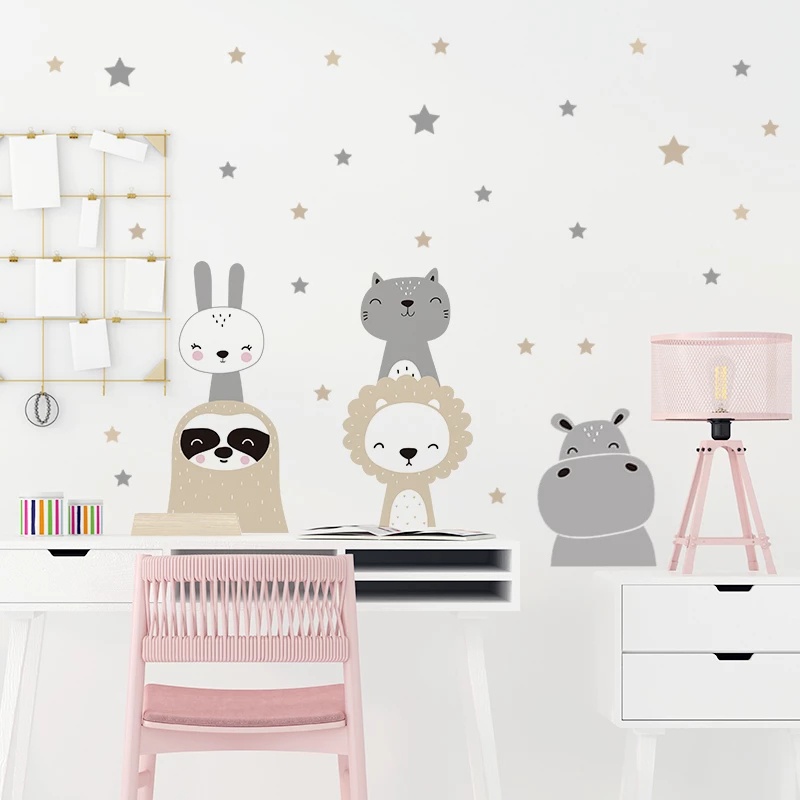 Sticker Dán Tường Họa Tiết Hoạt Hình Sư Tử / Hươu Cao Cổ / Ngôi Sao Dễ Thương Trang Trí Phòng Bé