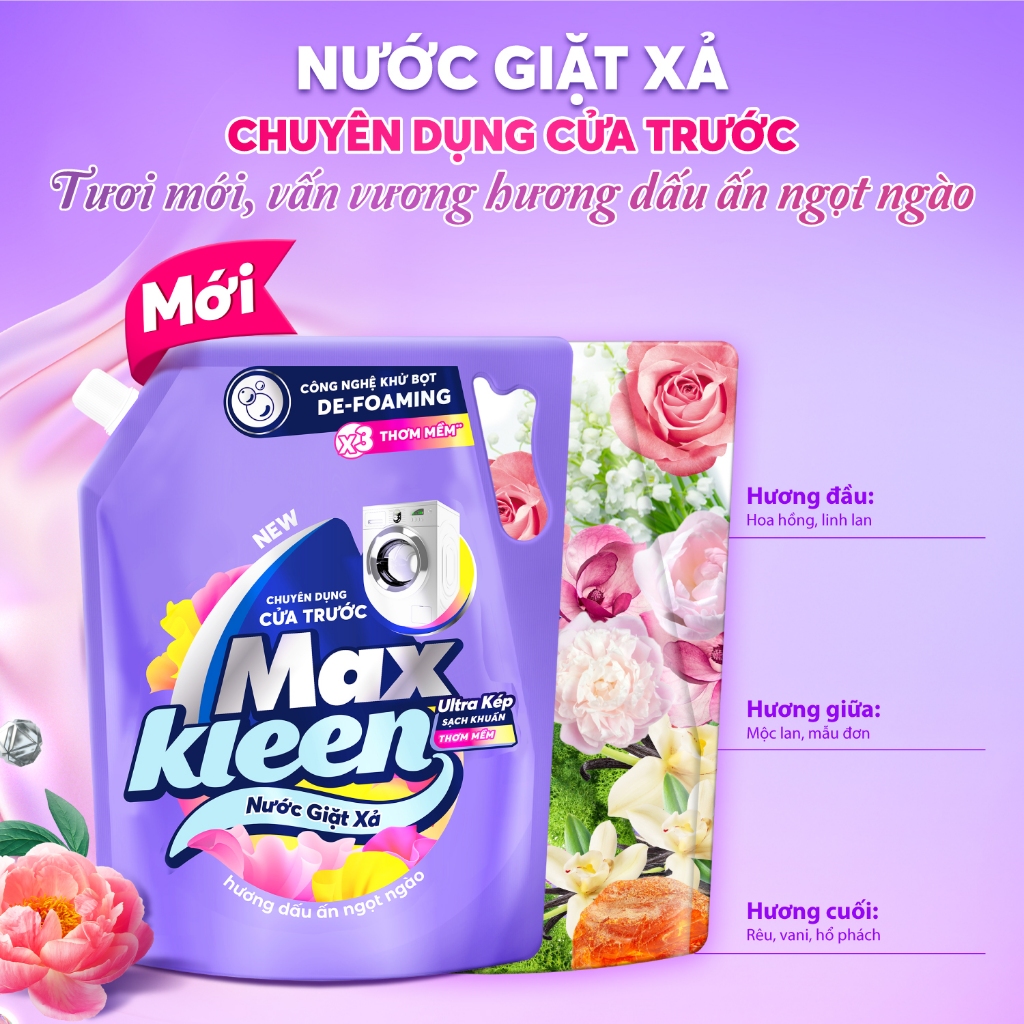 Túi Nước Giặt Xả MaxKleen chuyên dụng Cửa Trước 3.6kg Hương Nước hoa huyền diệu/Dấu ấn ngọt ngào (MỚI)