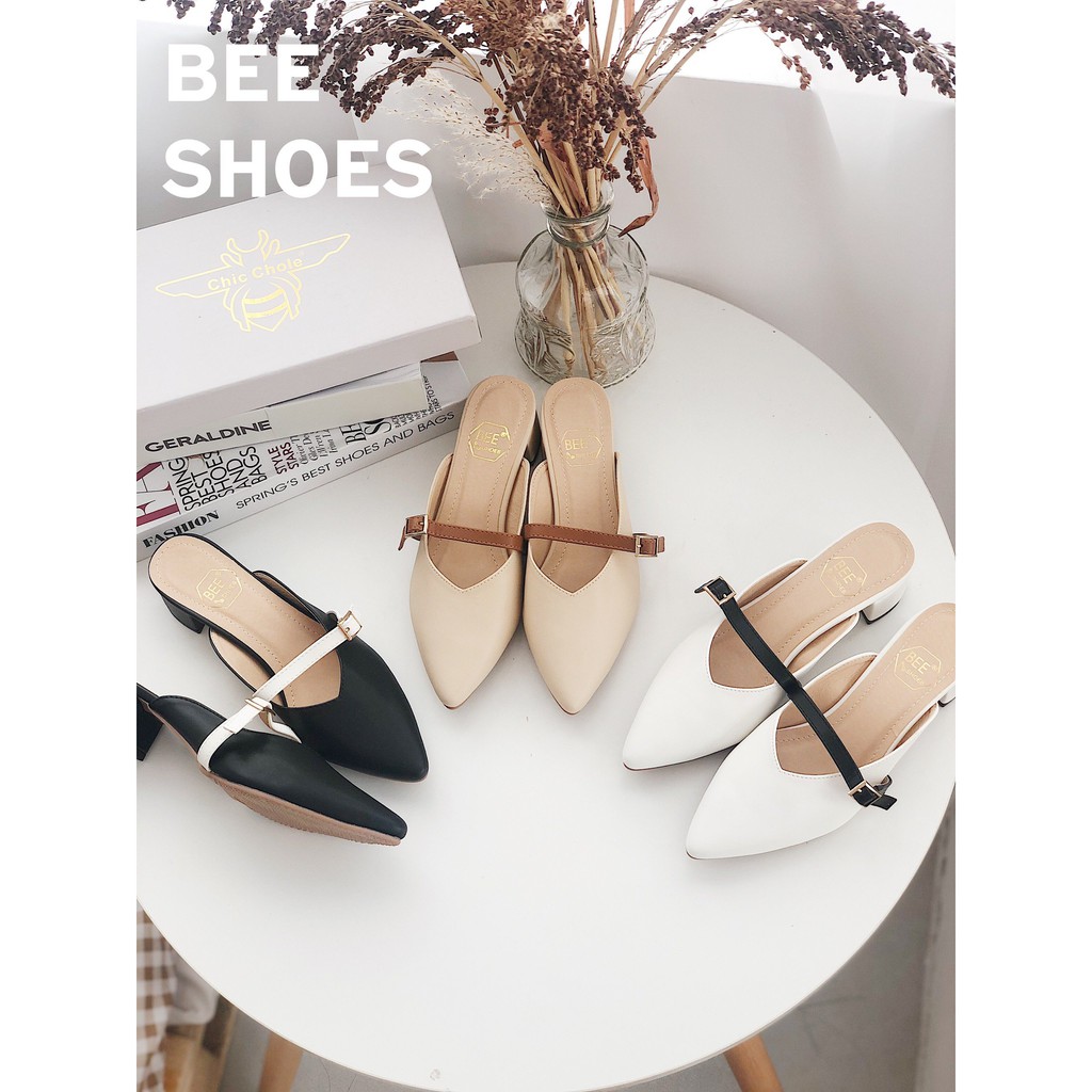 BEESHOES - SỤC MŨI NHỌN CAO 5 PHÂN DA MỀM DỄ ĐI - SỤC MŨI NHỌN QUAI NGANG CAO 5 PHÂN SẴN MÀU ĐEN KEM TRẮNG 201048