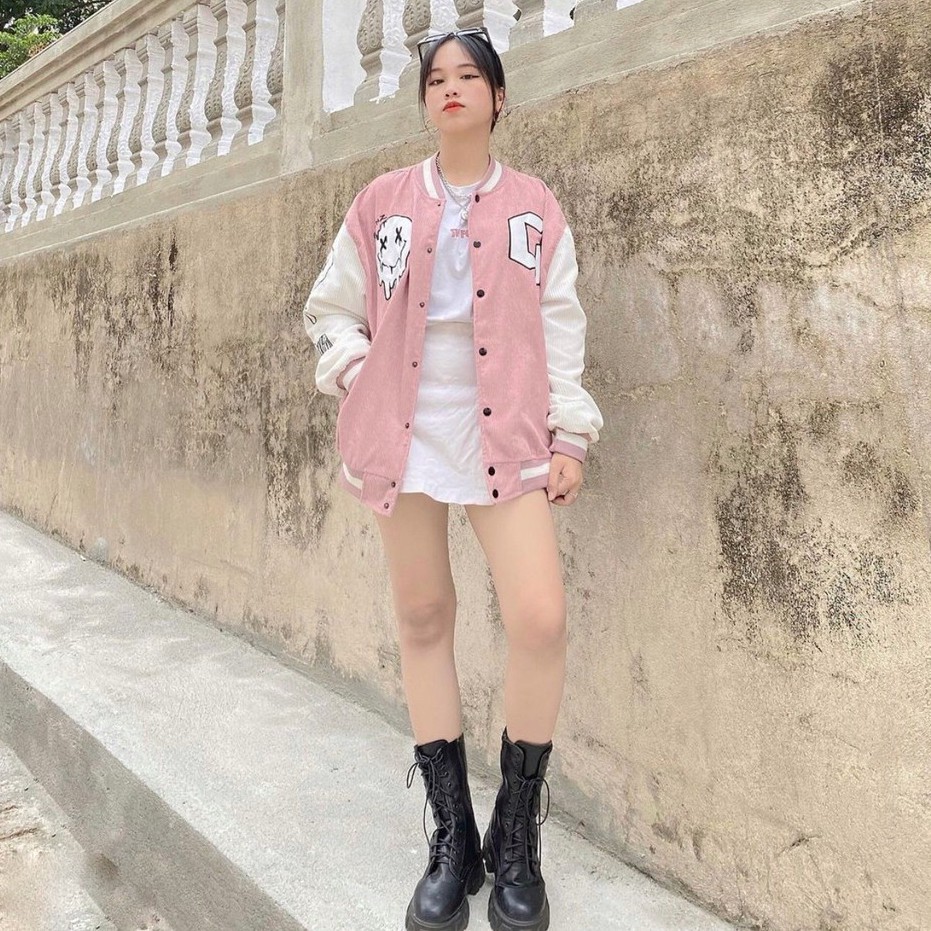 Áo Khoác Bomber Nhung Chữ G CHANREEN [FREESHIP] Phối màu tay, form rộng, nam nữ unisex Style Ulzzang dáng rộng