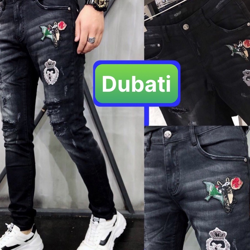 QUẦN JEAN NAM CHẤT BÒ THÊU HÌNH MÀU ĐEN PHOCNG CÁCH TRẺ TRUNG- DB 450- DUBATI FASHION