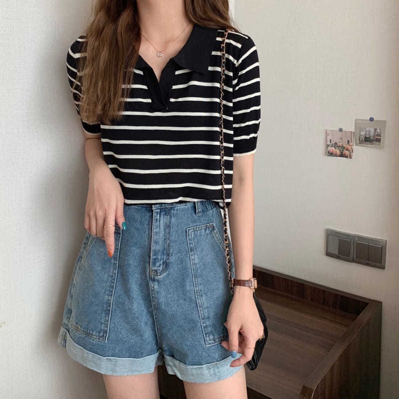 Áo Len Nữ Ngắn Tay Cổ Chữ v Kẻ Sọc Ngang Thời Trang Hàn Mới