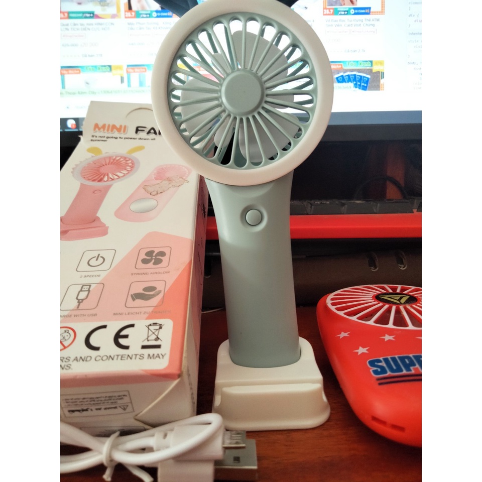 Quạt Mini Cầm Tay Tích Điện Siêu Mát 6 Cánh Gấp Gọn Có Chân Để Điện Thoại 2 Trong 1 Chất Lượng Cao