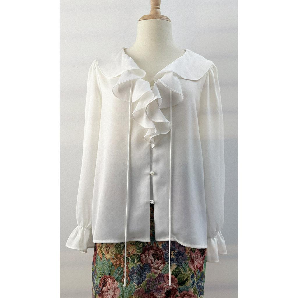 Áo sơ mi trắng công sở cổ bèo thắt nơ chất voan tiểu thư phong cách retro Pháp