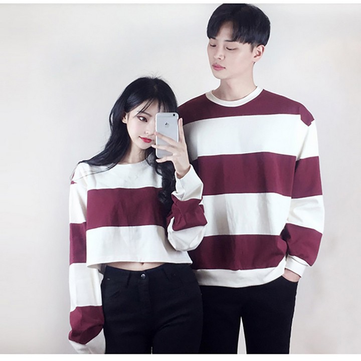 Áo đôi nam nữ nỉ tay dài kẻ ngang-Ảnh thật