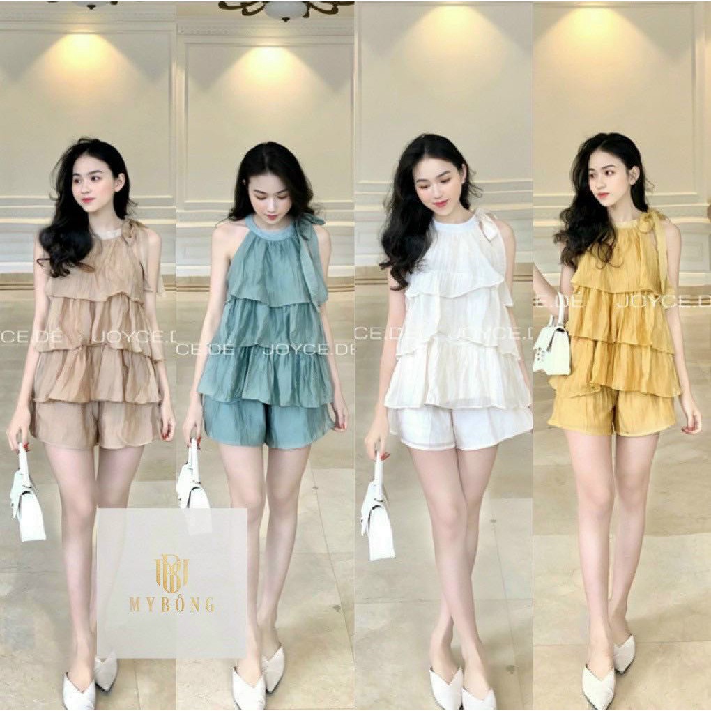 Set bộ vải tơ yếm nơ cổ bèo tầng +quần sooc có túi 4 màu nữ tính sang chảnh (Hàng có sẵn)