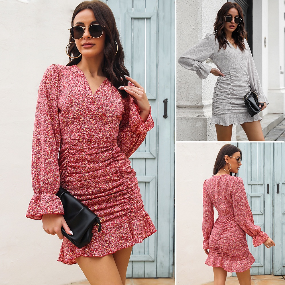Đầm Voan Tay Loe Dài Cổ Chữ V Thiết Kế Xếp Ly Họa Tiết Hoa Thời Trang Mới Cho Nữ