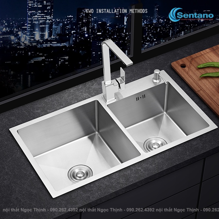 Chậu rửa chén đúc liền khối Sentano Plus SC-11 8245TL 2 ngăn lệch 100% inox 304 không gỉ