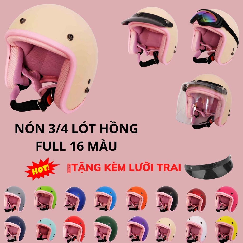 [ 17 Màu - Tặng kèm lưỡi trai ] Mũ Bảo Hiểm 3/4 đầu Lót HỒNG Cao Cấp Như Hình - Hàng CTY-Cam Kết Chất Lượng