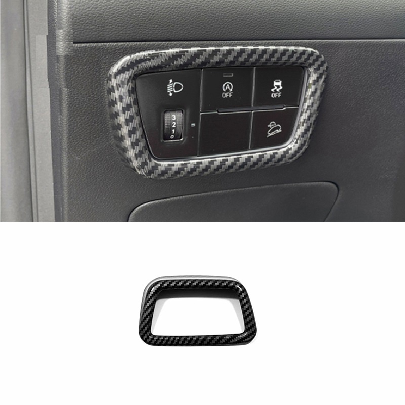 Khung dán công tắc điều chỉnh đèn pha xe hơi Hyundai Tucson 2021 2022 bằng sợi carbon màu đen