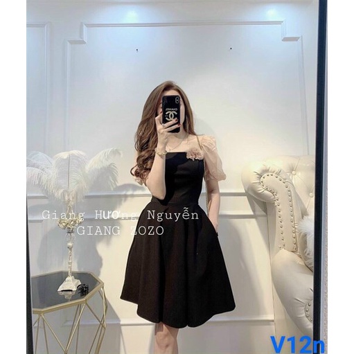 Đầm tiểu thư công chúa, đầm đen cổ vuông phối tay voan đính nơ, đầm dáng ngắn xòe đi tiệc sang chảnh, xinh lung linh