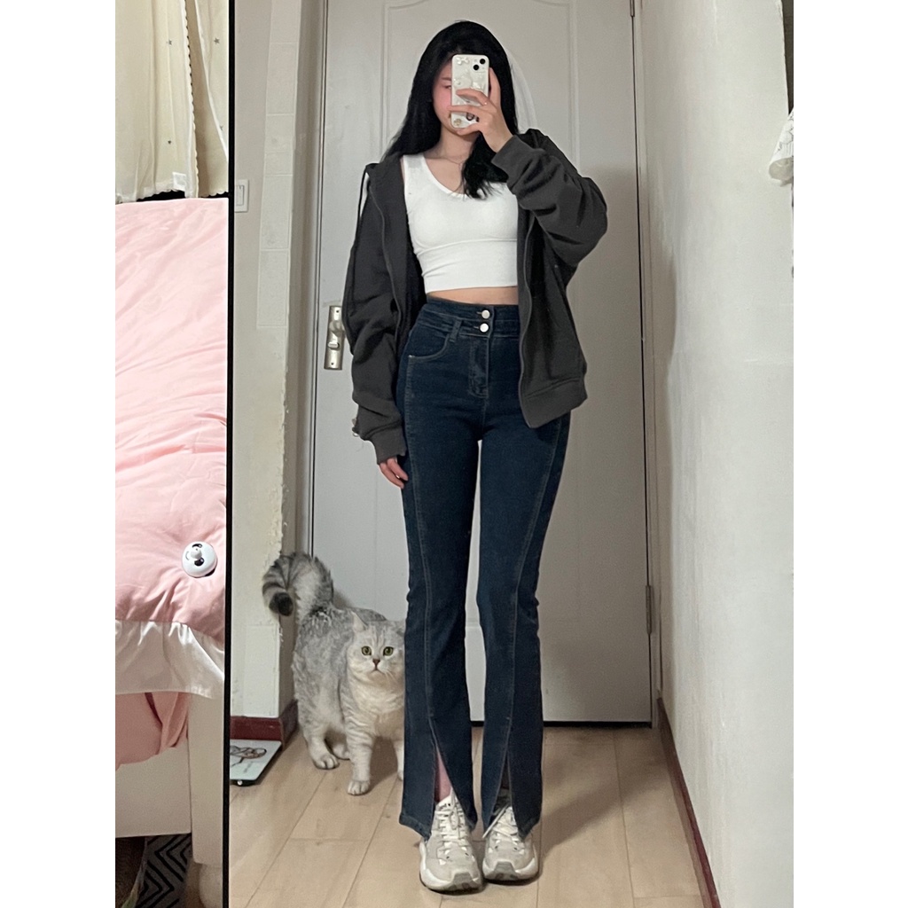 Cocory vn Quần Jeans Nữ Ống Loe Xẻ Tà Thời Trang