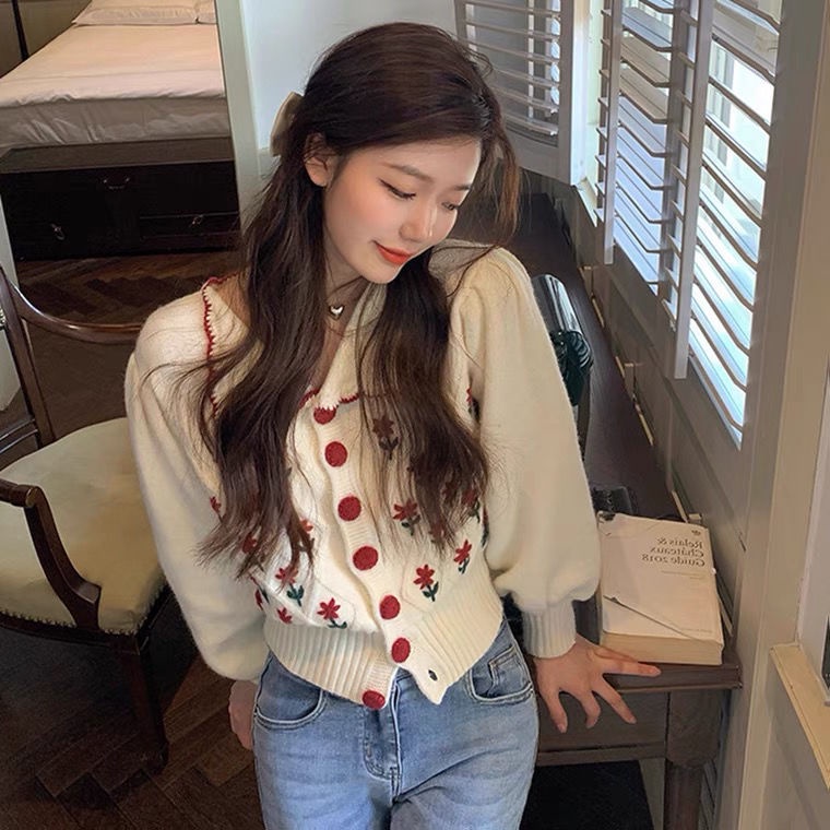 Áo Khoác Cardigan Dệt Kim Cổ Búp Bê Thêu Họa Tiết Xinh Xắn Cho Nữ  tao bao