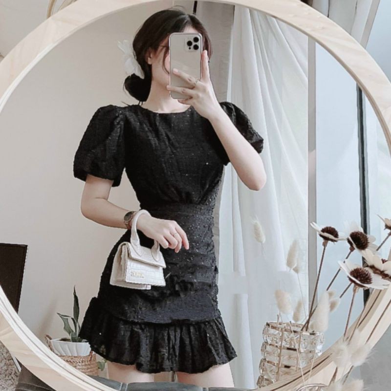 Đầm dự tiệc ren trắng đen nhún đuôi cá Lisa Dress mẫu cực hot