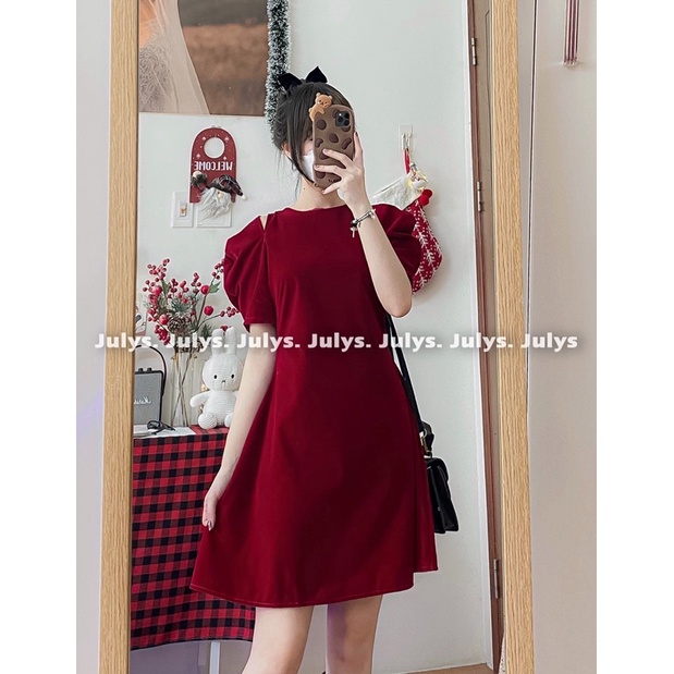 Đầm nhung tay bồng cut out (ảnh thật shop chụp kèm video)