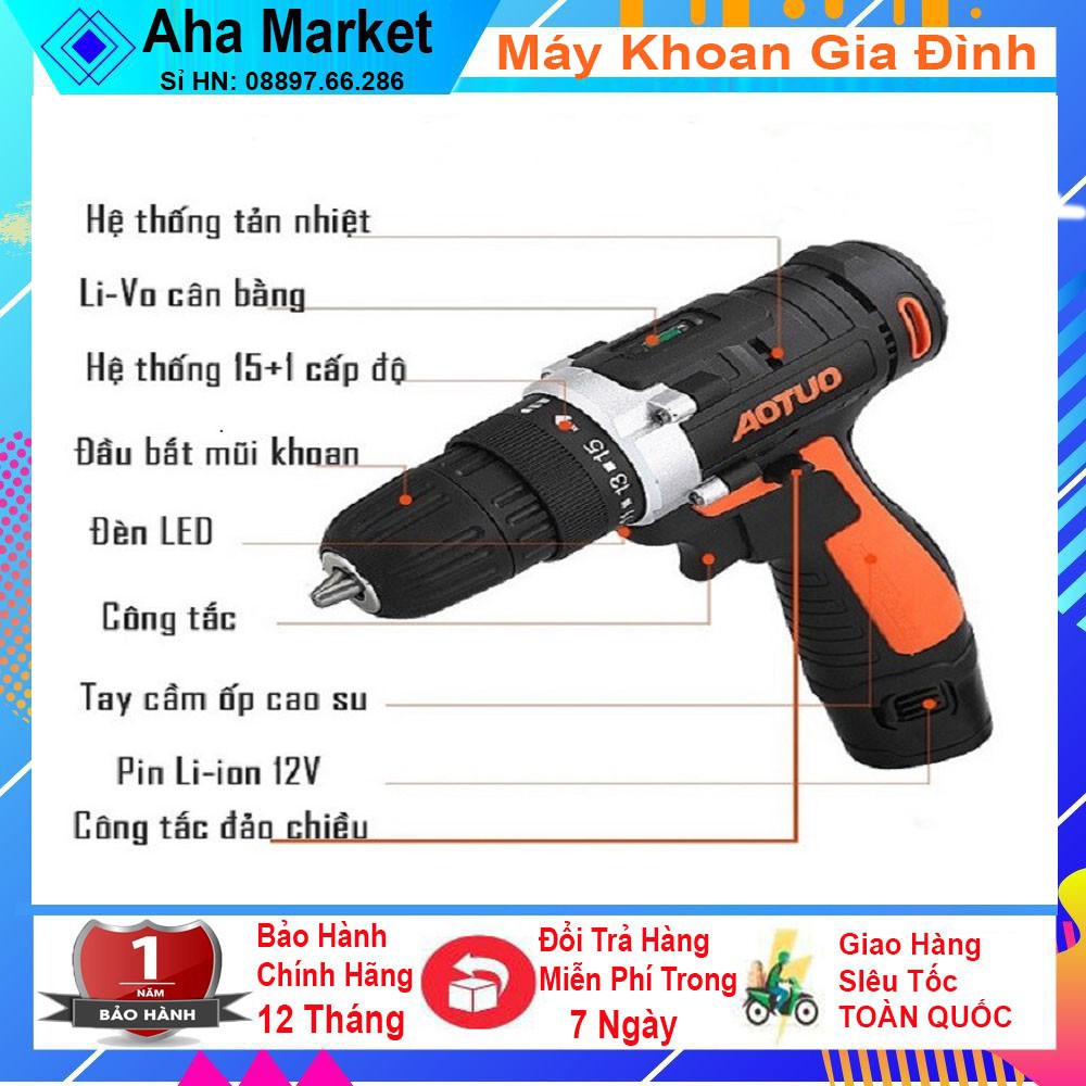 Máy Khoan Pin, Máy Vặn Ốc Đa Năng AuTuo Đảo Chiều Pin 12v