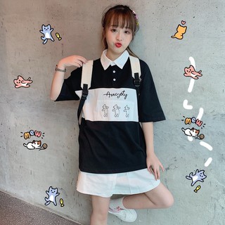 Áo polo nữ in chữ kiểu dáng áo thun cotton cổ bẻ đen đỏ ulzzang