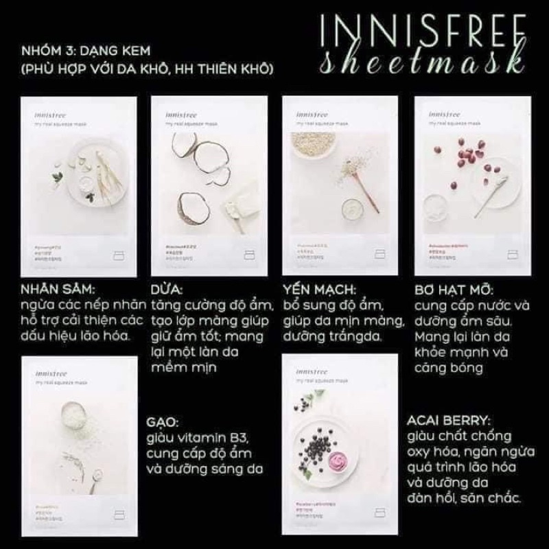 [Chính Hãng] Mặt nạ Innisfree (20ml) , mask innisfree 18 vị Hàn Quốc cấp ẩm làm trắng da