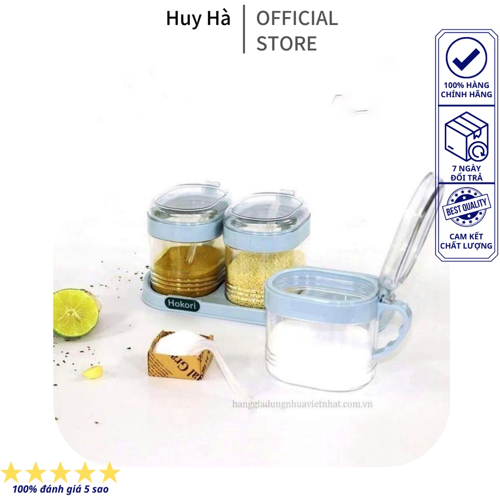 Bộ 3 hũ lọ đựng gia vị. Bộ 2 hũ lọ đựng gia vị. Bộ 4 hũ lọ đựng gia vị kèm thìa và khay đựng Hokori cao cấp loại đẹp.