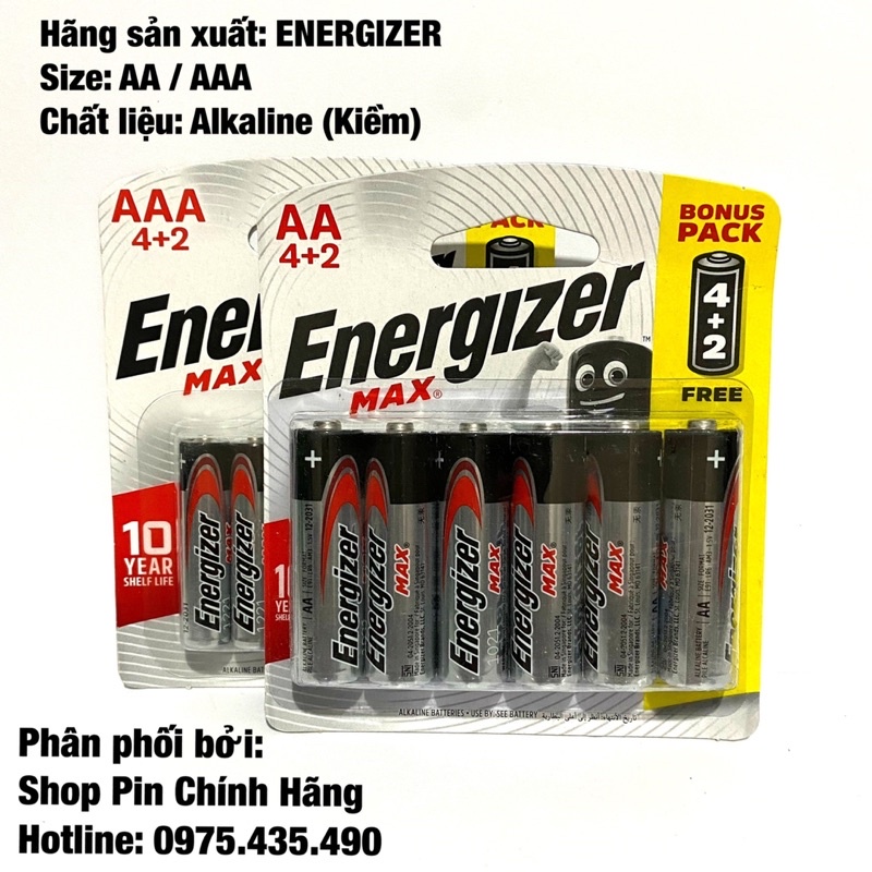 Vỉ 6 Viên Pin AA / AAA Energizer Max Siêu Bền Hàng Chính Hãng (Made in Singapore)