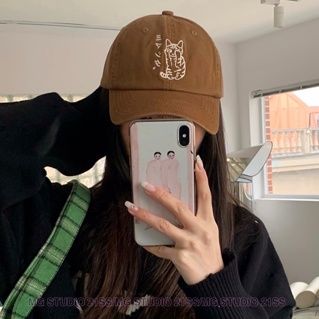 Mũ lưỡi trai MG STUDIO thêu chữ và hình mèo 6 màu tùy chọn