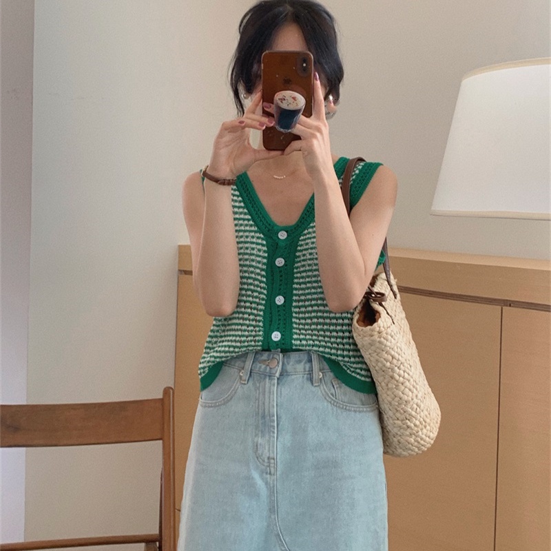 NZN Áo Dệt Kim Nữ Sát Nách Cổ Chữ V Phong Cách Retro Hàn Quốc Hiện Có 4 Màu