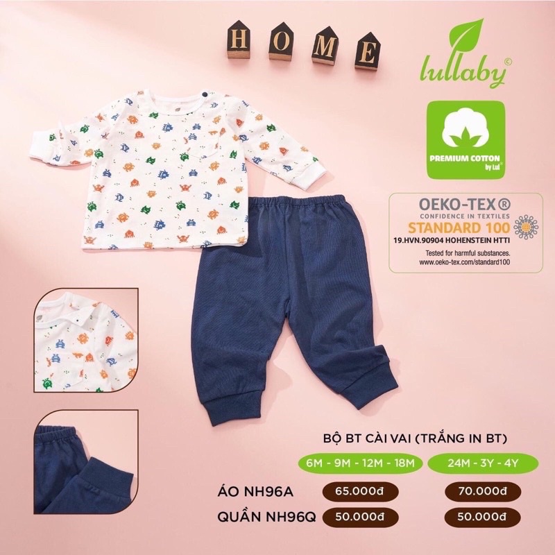 LULLABY -Bộ dài cài vai trắng in bé trai
