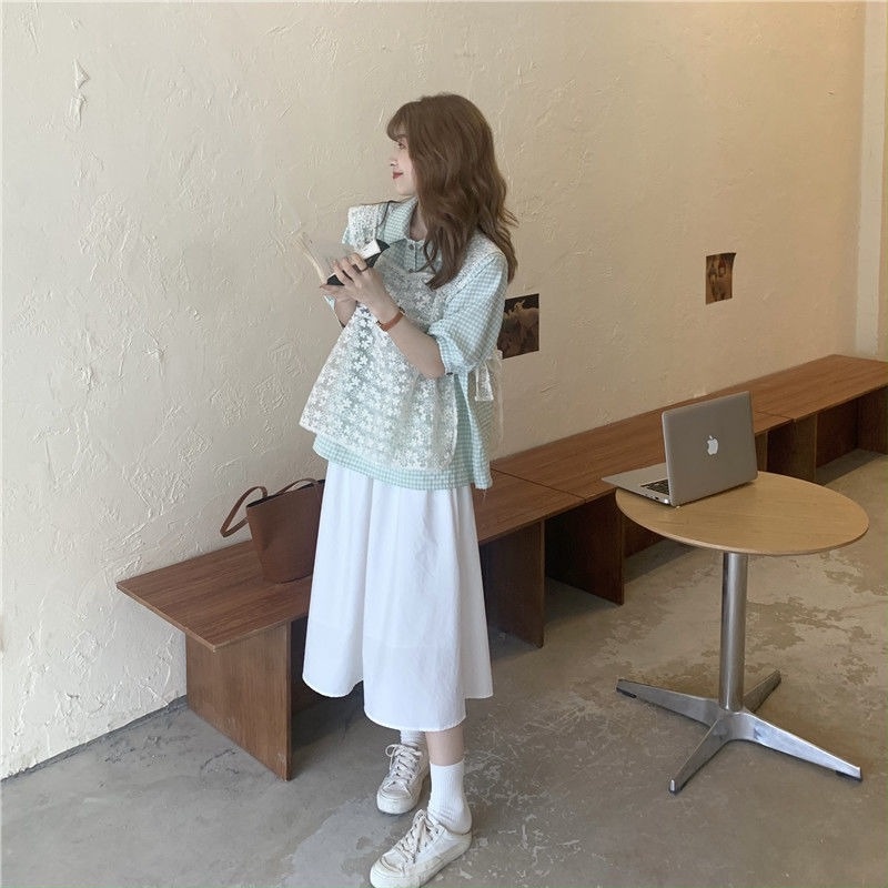 Set Áo Ren Cộc Tay Và Chân Váy Caro Thời Trang Nữ