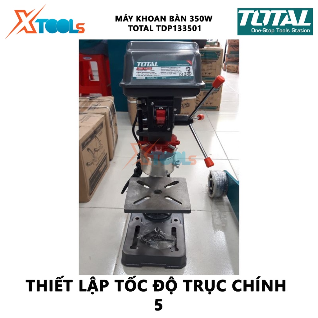 Máy khoan bàn Total TDP133501 công suất 350w, tùy chỉnh chỉnh độ cao, tốc độ 580-2650v/p; khả năng khoan 13mm; đường kín
