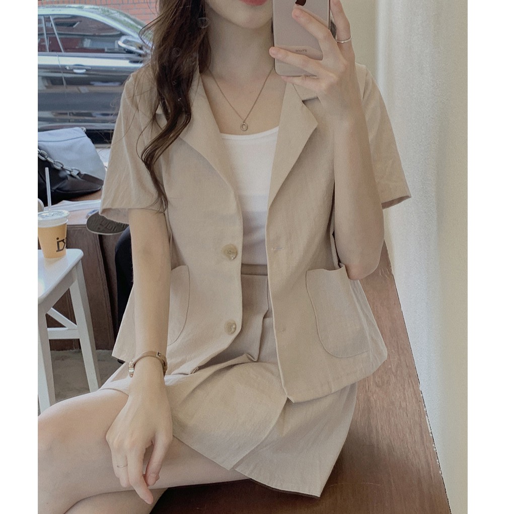 Bộ Áo Khoác Suit + Chân Váy Chữ A Lưng Cao Xinh Xắn Theo Phong Cách Hàn Quốc 43687