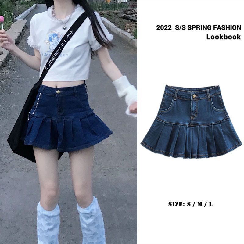 Chân Váy Denim Chữ a Lưng Cao Xếp Ly Thời Trang Xuân Hè Phong Cách Hàn Quốc Y2k