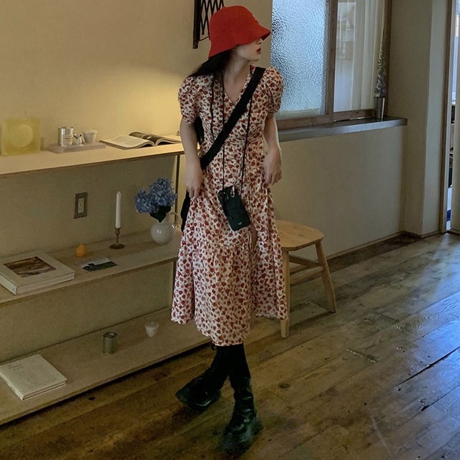 Đầm hoa ZHELIHANGFEI dáng dài cổ chữ v nhấn eo xinh xắn thời trang