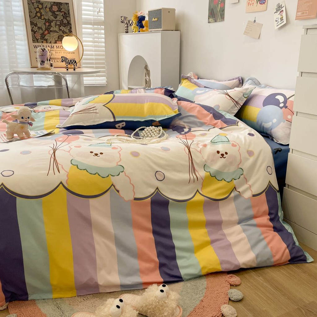 Bộ chăn ga gối Cotton Poly Bo Decor ga gối Hàn Quốc đủ size miễn phí bo chun - chú gấu cầm bóng