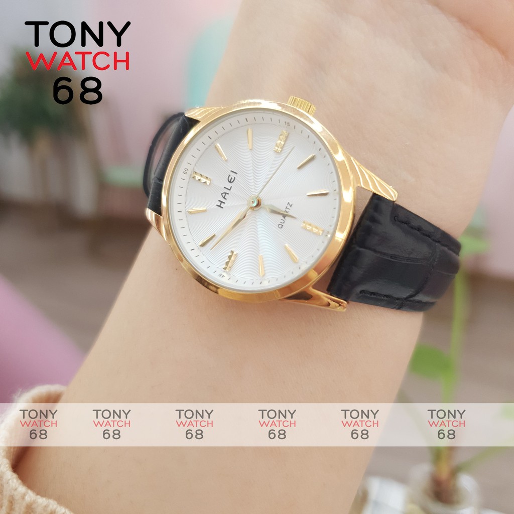 Đồng hồ đôi nam nữ Halei dây da đeo tay cao cấp đẹp mặt nhỏ số đá viền vàng chính hãng | BigBuy360 - bigbuy360.vn