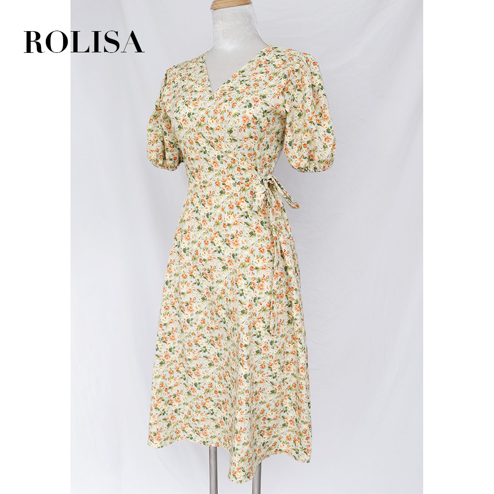 Đầm váy nữ hoa nhí dáng dài, cổ chéo dễ thương, xinh xắn Rolisa RD049