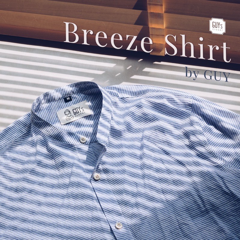 [HÀNG THIẾT KẾ] Áo sơ mi Breeze GUY's Closet, Cổ trụ, Họa tiết kẻ sọc xanh, Chất liệu cotton tháng mát
