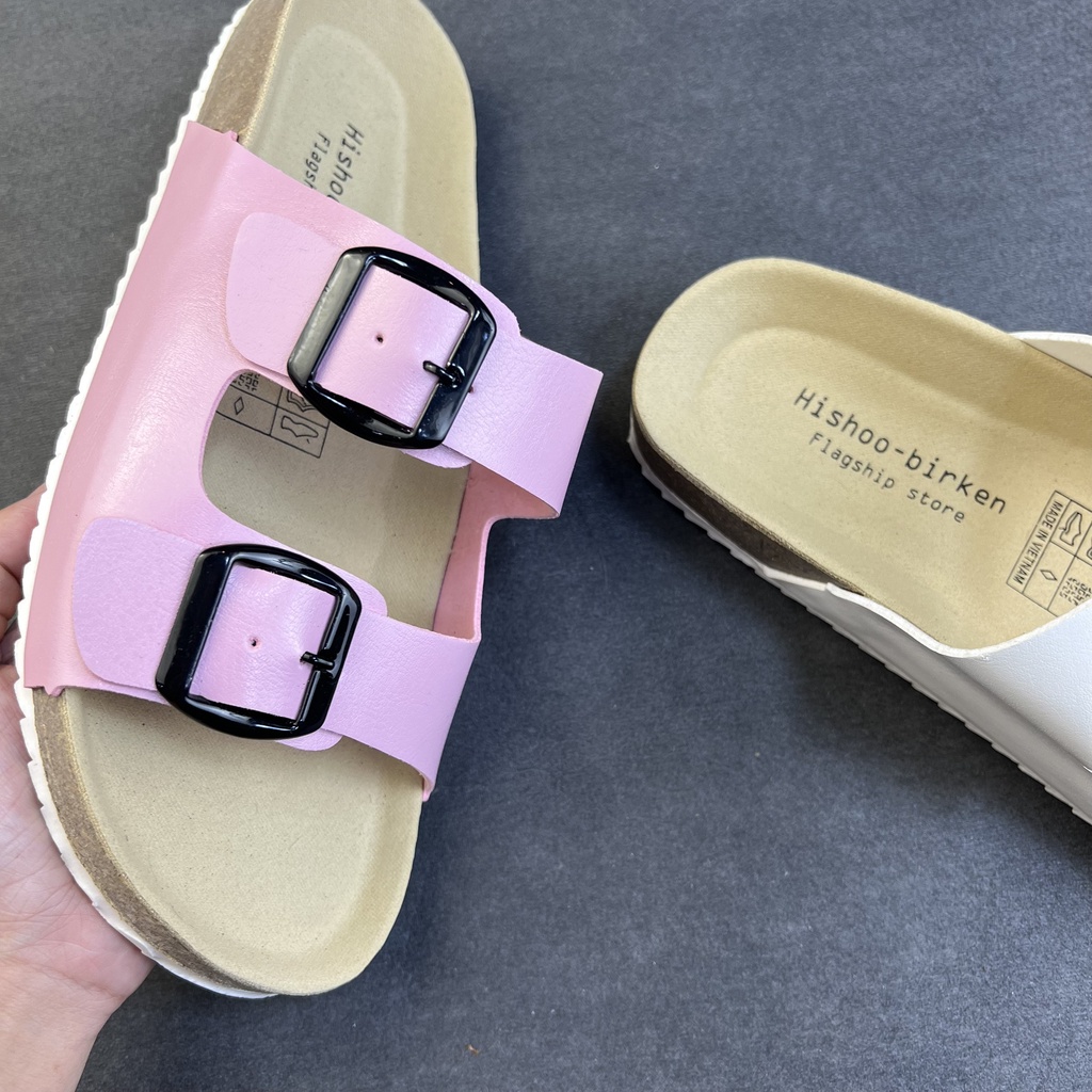 Dép Đế Trấu Nam Nữ Birken Quai Ngang 2 Khóa Da Tổng Hợp Chính Hãng Hishoo S093