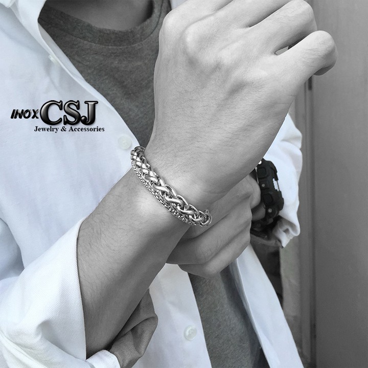 lắc tay inox nam 2 tầng kiểu bông dừa đẹp, không đen, chuẩn thời trang
