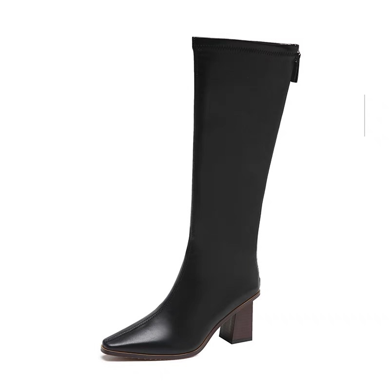 (HÀNG CÓ SẴN) A66-1 Bốt đùi mũi nhọn da mềm gót vân gỗ 7,5cm BIG SIZE 40-43