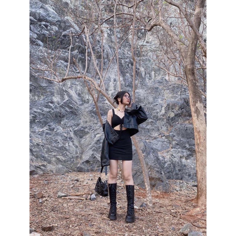 Áo Khoác Da Dáng Croptop Bomber Dài Tay Màu Đen - Áo Jacket Da Nữ Dáng Ngắn Cúc Bấm Cổ Bẻ Basic