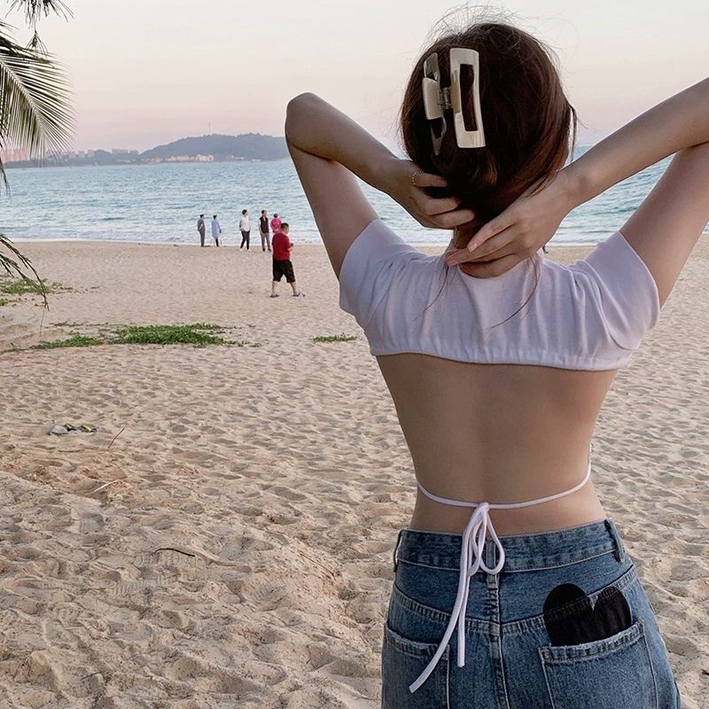 Áo Thun T-shirt Hở Lưng Màu Trắng Trơn Gợi Cảm Phong Cách Âu Mỹ