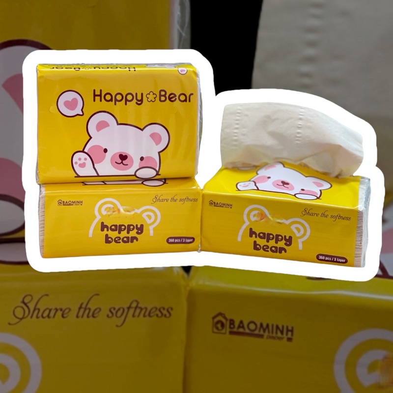 Combo 10 gói Khăn ăn Rút Tre HAPPY BEAR VÀNG 3 Lớp