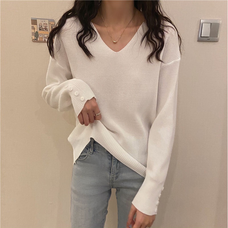 Áo Sweater Dệt Kim Cổ Tim Xinh Xắn Cho Nữ 173069Áo Cổ Thấp Dáng Rộng Màu Sắc Đơn Giản Phong Cách Hàn Quốc