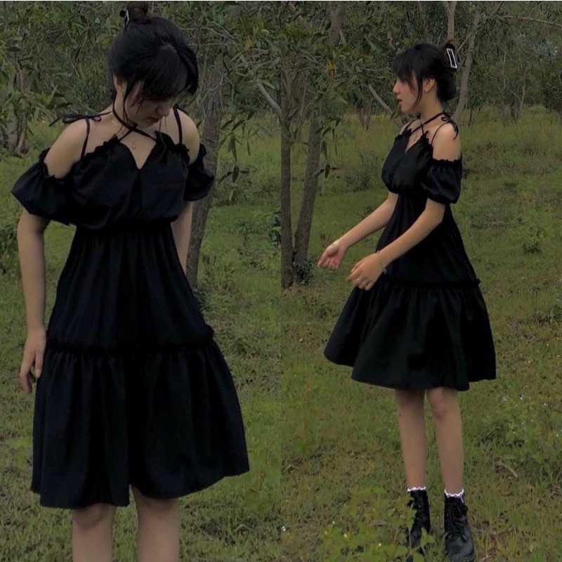 ĐẦM ANGEL ĐEN 2 DÂY ĐEN BUỘC NƠ