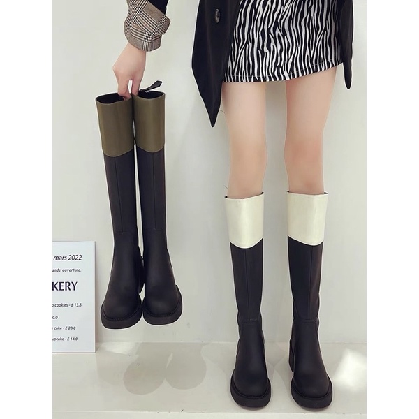 N65  Boots đầu gối da bóng nhẹ đế cao mẫu mới 2022 phối màu đen trắng nâu siu lạ siu xinh