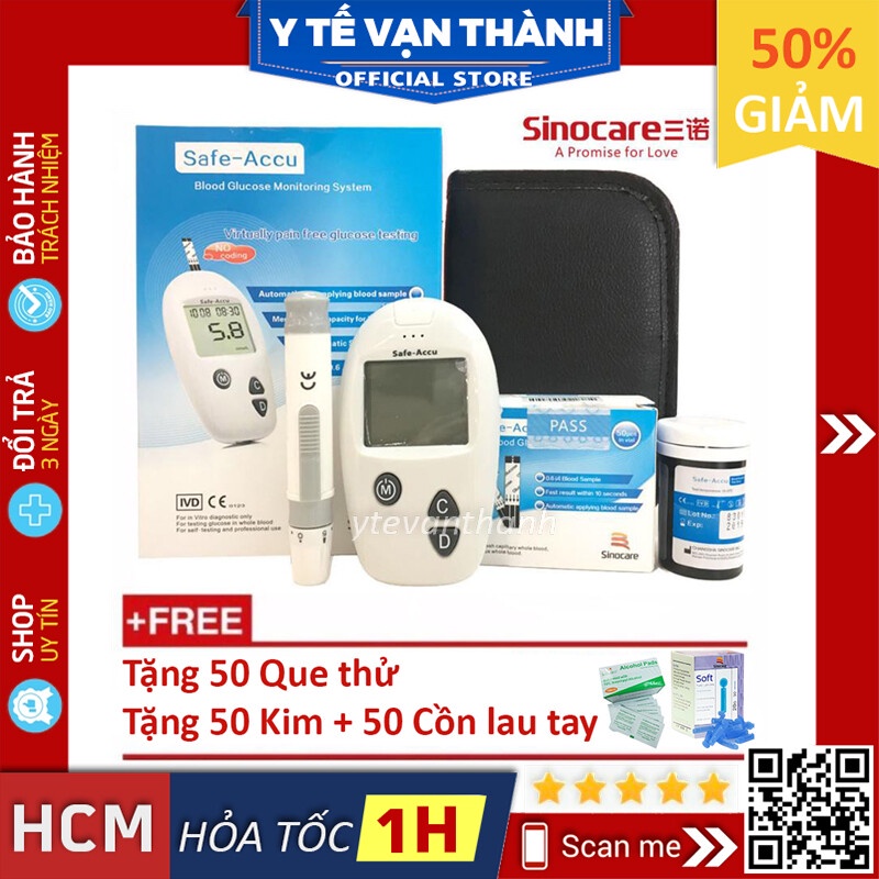 ✅ [TRỌN BỘ] Máy Đo Đường Huyết- Sinocare Safe-Accu (+ 50 Que, 50 Kim, Cồn) (miligam) -VT0560