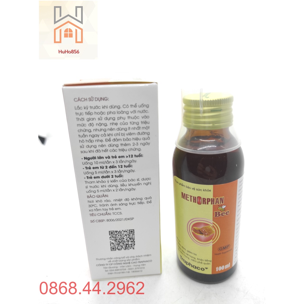 Siro Ho Methorphan Bee - Giảm Ho, Giảm Đờm, Khản Tiếng - Chai 100ml