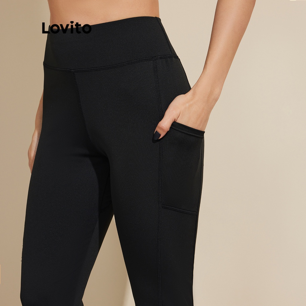 Quần legging Lovito màu trơn có túi lộ mắt cá chân phong cách thể thao cơ bản phù hợp tập Yoga L18X700 (Màu đen)