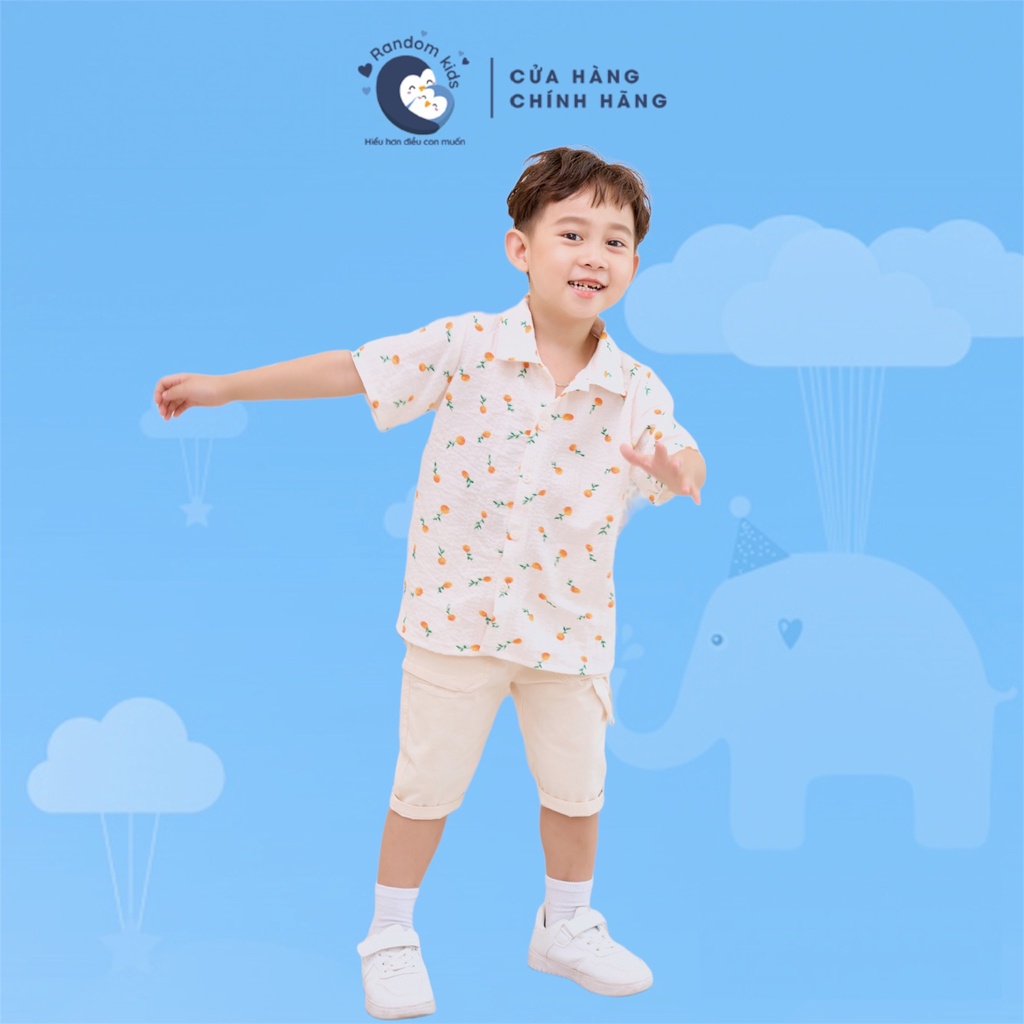 Áo Sơ Mi bé trai họa tiết trái cam phù hợp đi biển đi chơi, chất liệu đũi hàn, thấm hút mồ hôi đủ size cho bé từ 8-20kg